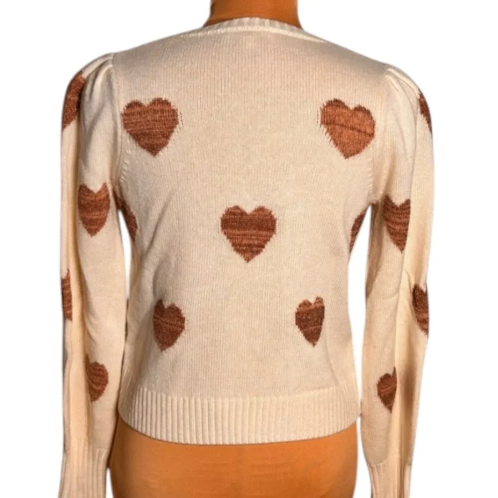 Splendid Cream Heart Sweater Bronze Lurex Hearts Soft Knit Crew Neck Size XS